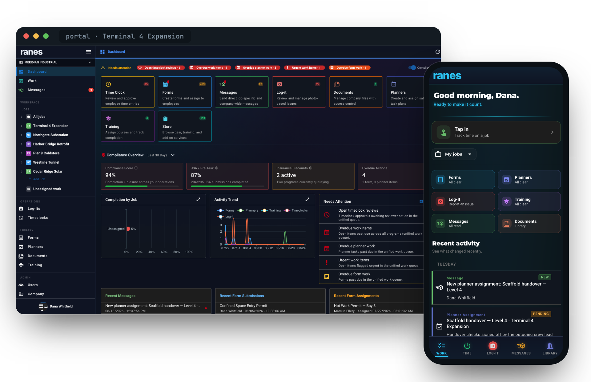 The Ranes admin portal showing a compliance overview across six jobs, beside the field app's home screen with its tap-in control and recent activity